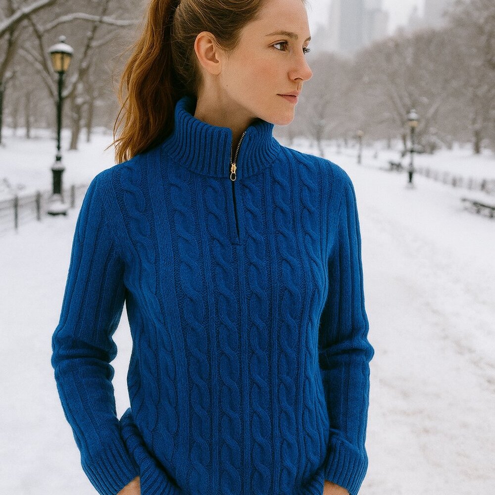 Gianetti 1/4 Zip Sweater Wool Pullover Cable Knit SZL Blue Classic Preppy Italy